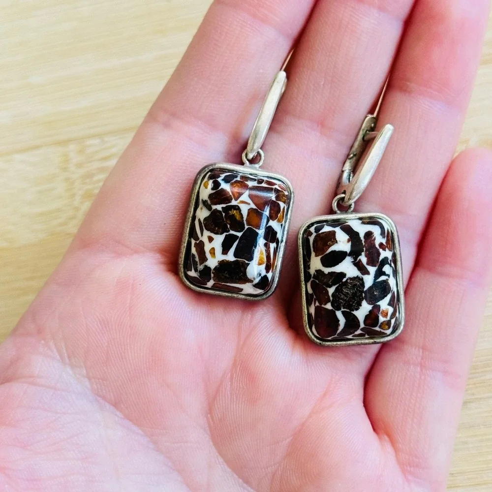 VTG BOHO Amber Matching Set Bracelet Ring Earrings Silver Tone Mosaic Inlaid 90s